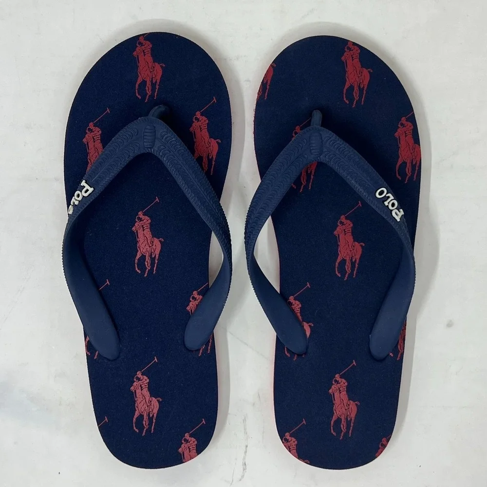 Polo Ralph Lauren Unisex Junior Flip Flop Navy/ Red Pony Logo‎ US Size 4 VTG NEW